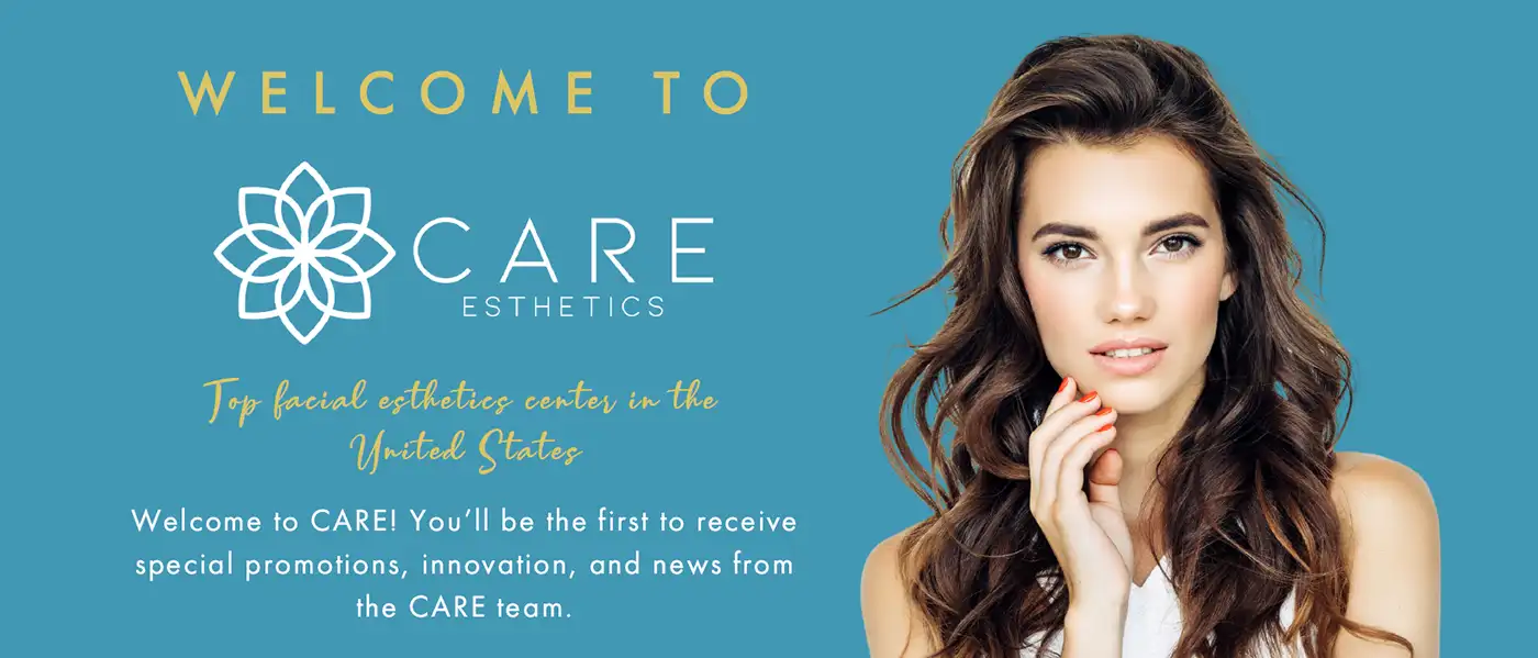 Welcome to Care Esthetics banner with beautiful young woman touching her face